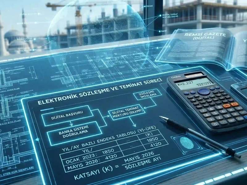 EKAP ve Takasbank entegrasyonuna uygun olarak kamu ihalelerinde elektronik sözleşme teminat mektuplarını ve döviz kuru hesaplamalarını simgeleyen dijital ekran, banka verileri ve resmi evraklar.