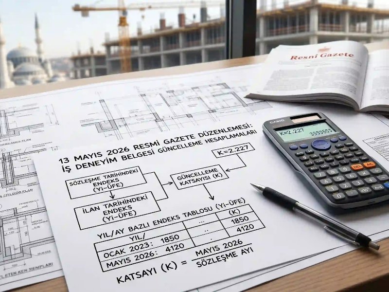 13 Mayıs 2026 Resmi Gazete yönetmelik değişikliğine uygun olarak yapım işleri ihalelerinde iş deneyim belgesi güncelleme hesaplamalarını ve endeks katsayılarını temsil eden mimari planlar, hesap makinesi ve kalem.