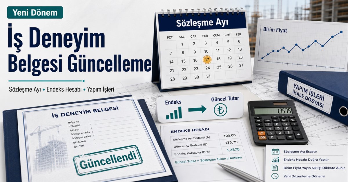 13 Mayıs 2026 Resmi Gazete yönetmelik değişikliğine uygun olarak yapım işleri ihalelerinde iş deneyim belgesi güncelleme hesaplamalarını ve endeks katsayılarını temsil eden mimari planlar, hesap makinesi ve kalem.