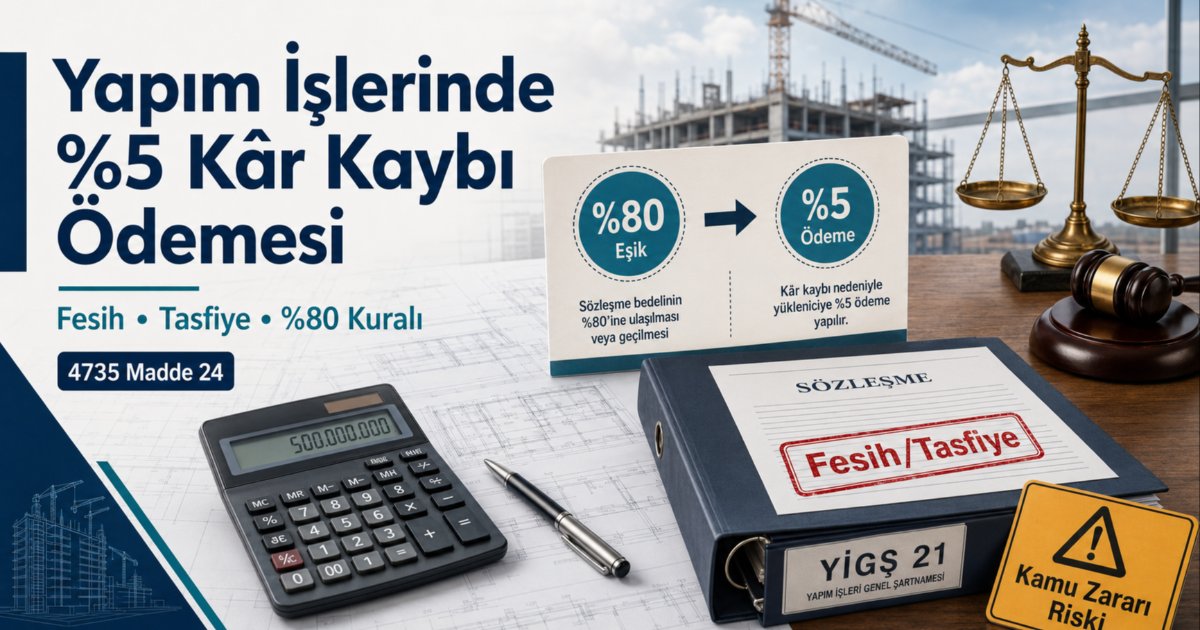 4735 sayılı kanun kapsamında yapım işlerinde tasfiye ve fesih süreçlerini, Sayıştay emsal kararlarını ve %5 ödeme kuralını simgeleyen resmi karar evrakları ve mahkeme tokmağı.