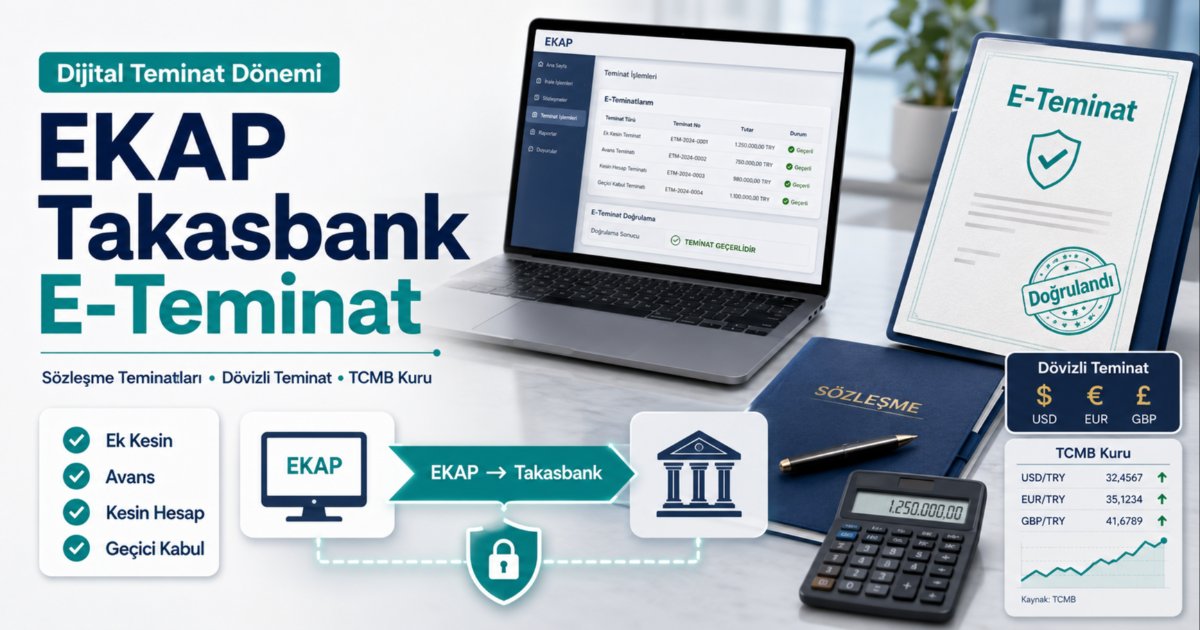 EKAP ve Takasbank entegrasyonuna uygun olarak kamu ihalelerinde elektronik sözleşme teminat mektuplarını ve döviz kuru hesaplamalarını simgeleyen dijital ekran, banka verileri ve resmi evraklar.